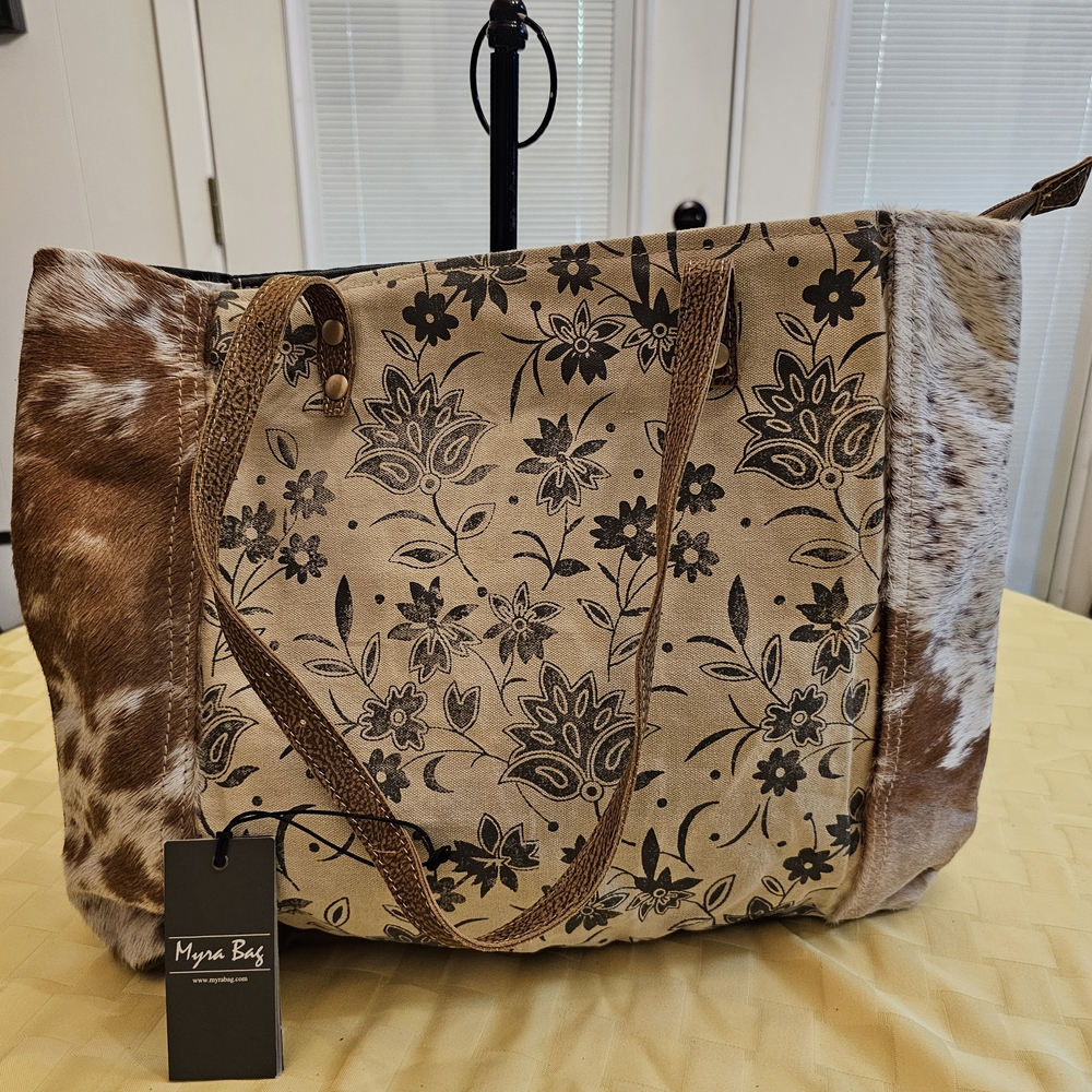 Myra Bag Tan and Brown Floral Tote